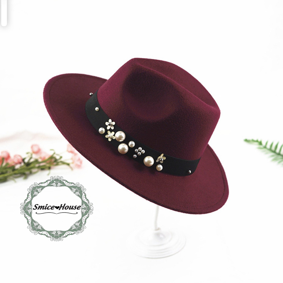 Nón phớt fedora retro vành rộng vải dạ nỉ mũ jazz đính hạt sang trọng dành cho cả nam và nữ hàng cao cấp - Smice House