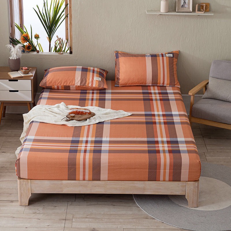 Bộ Ga Gối Cotton Tici Kẻ LIDACO Cao Cấp - Kẻ Cam - Tặng 01 Vỏ Gối Ôm