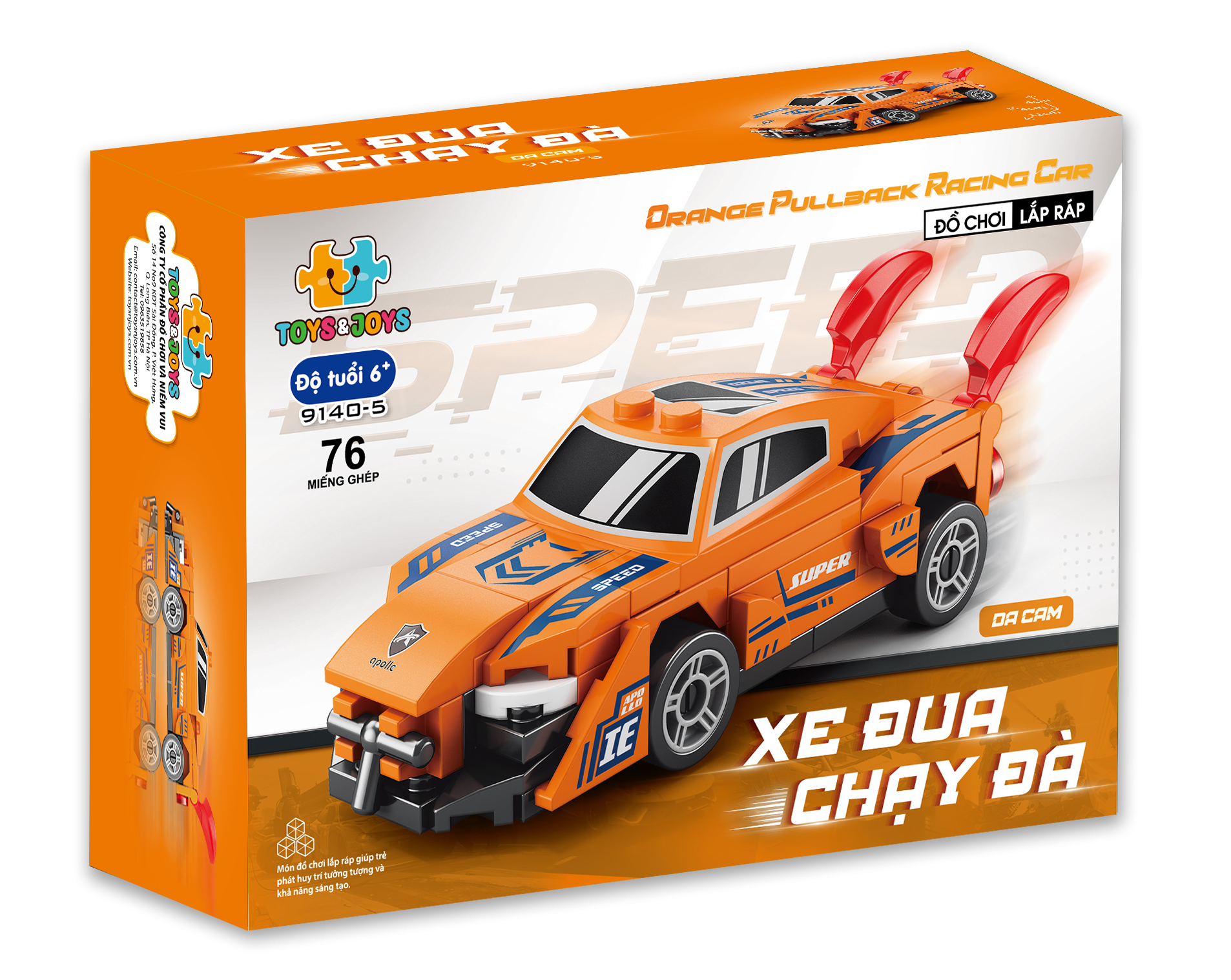 Đồ Chơi Lắp Ráp Xe Đua Chạy Đà - Da Cam - Orange Pullback Racing Car - Toys&Joys 9140-5 (76 Mảnh Ghép)