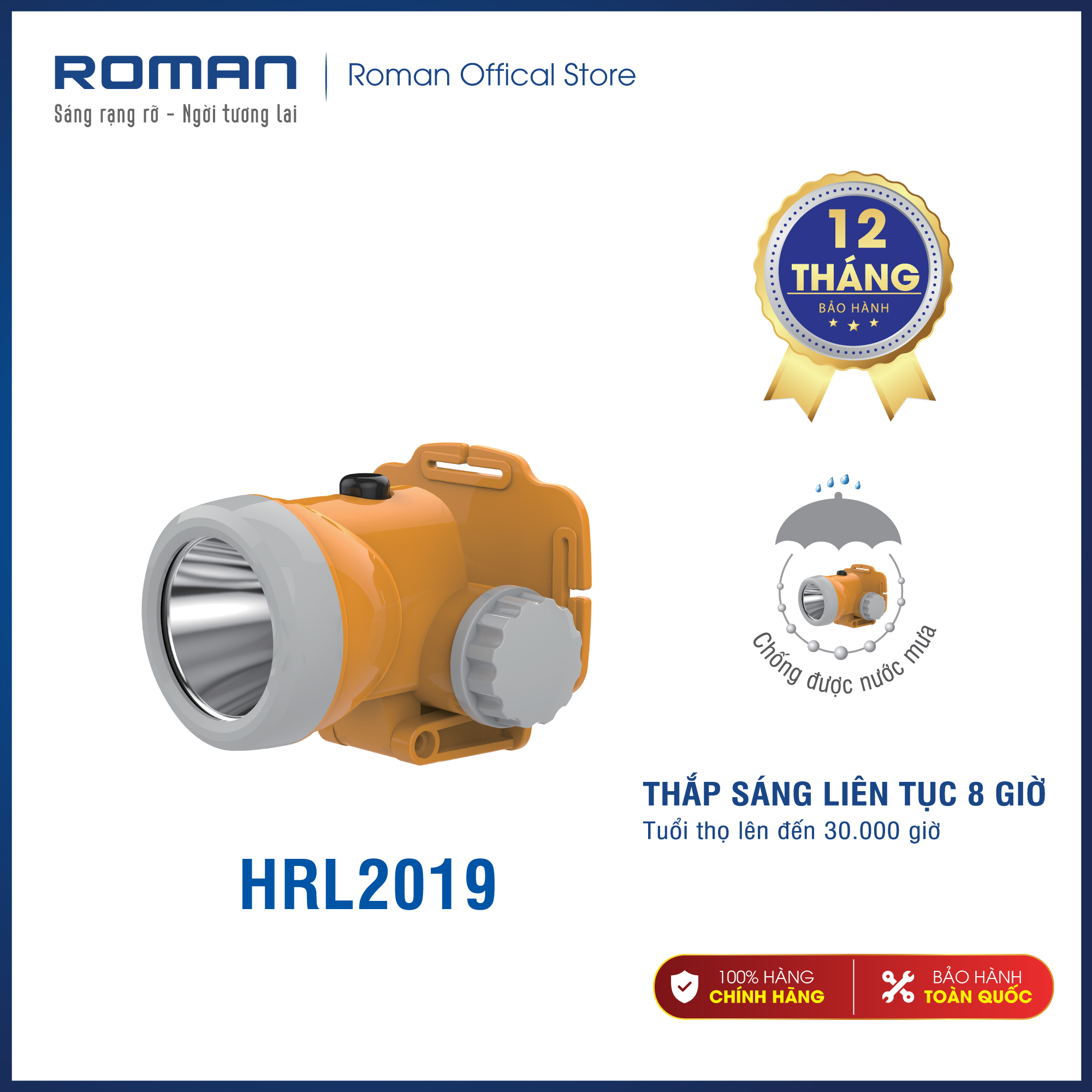 Đèn sạc đội đầu có khả năng chống nước mưa chính hãng Roman ELE2019 - Thắp sáng liên tục đến 8 giờ sử dụng với 2 dòng ánh sáng ấm hoặc trắng