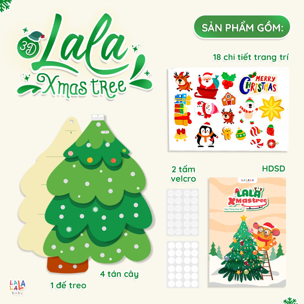 Cây Thông Noel Treo Tường Giấy 3D LalaXmas Tree Tặng Dây Đèn Led 2M – Bộ Đồ Chơi Trang Trí Cho Bé - Lalala Baby
