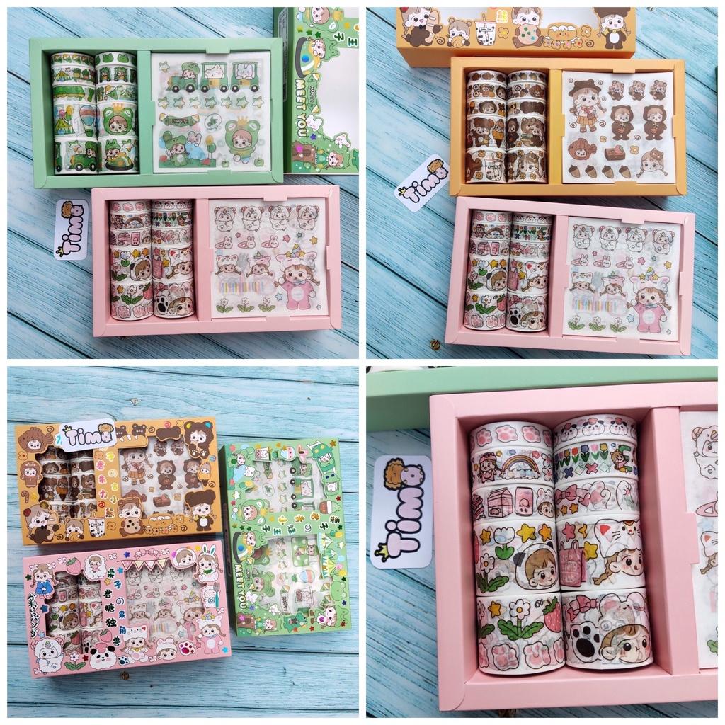 Hộp sticker cute washi tape dán sổ tay decor set 10 cuộn băng dính 10 hình dán sicker Timo WS1