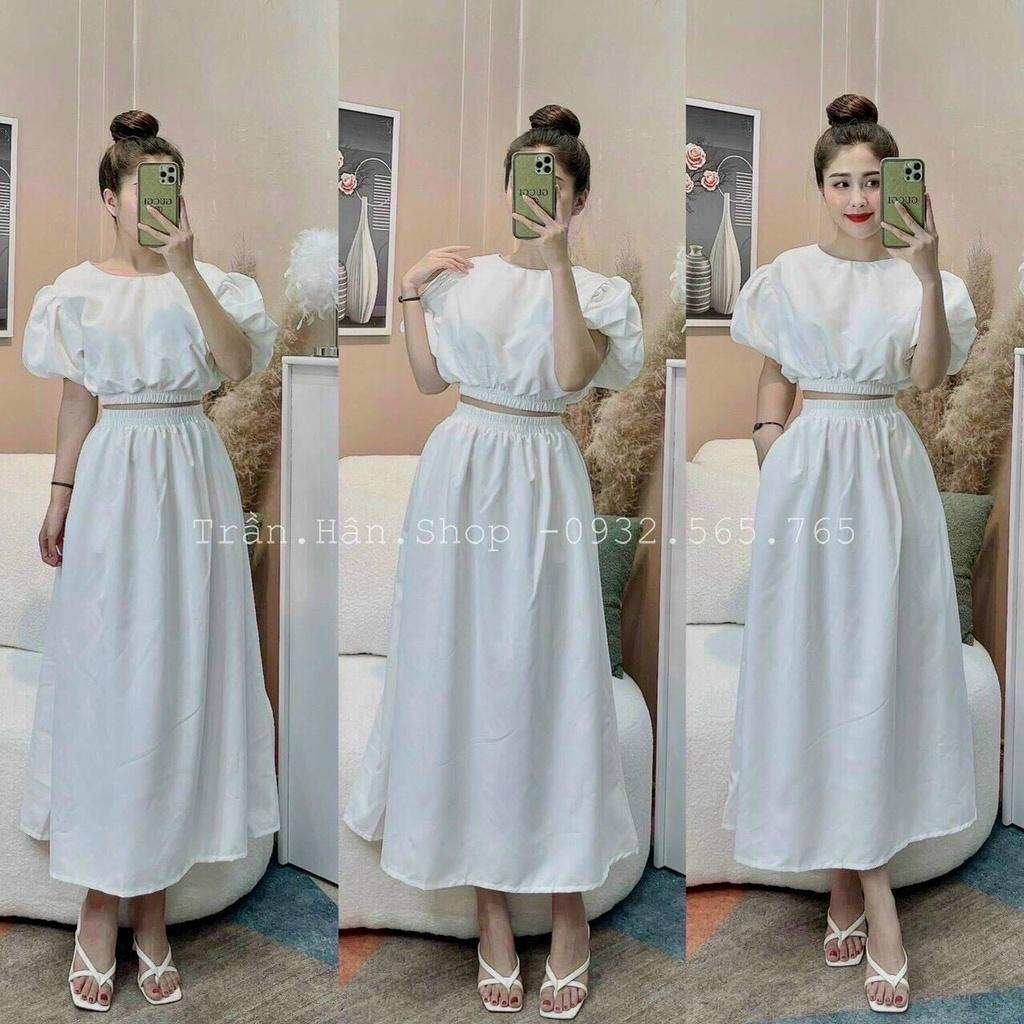 Sét áo và chân váy nữ áo bo thun eo kèm chân váy dài xòe dễ thương