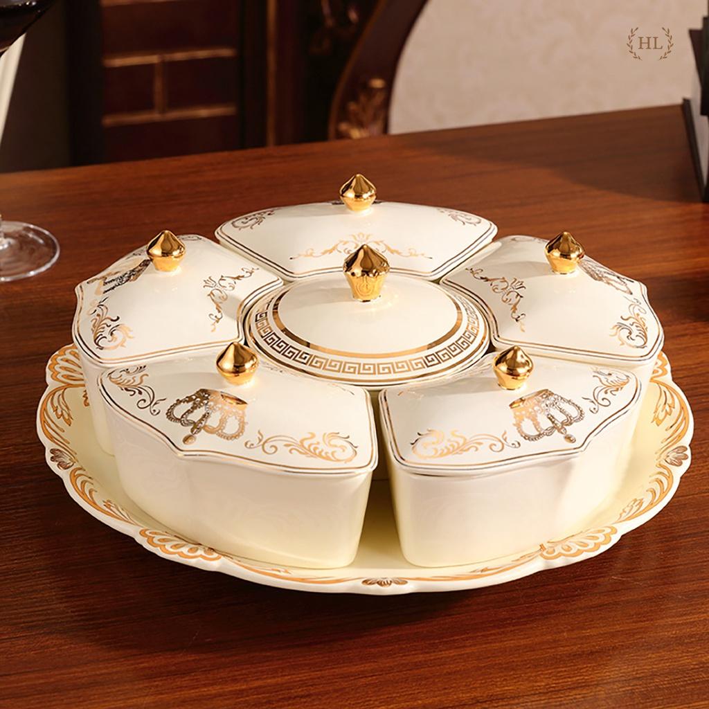 KHAY SỨ TRÒN CÓ NẮP ĐẬY HOÀNG GIA CAO CẤP XOAY 360 ĐỘ KẺ VÀNG KIM CHO SẢNH PHÒNG KHÁCH - BIỆT THỰ ĐỰNG BÁNH KẸO 2022