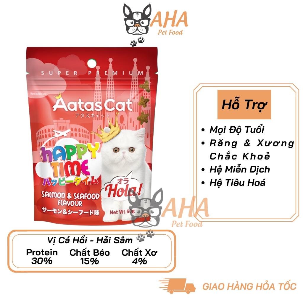 bánh thưởng cho mèo Aatas Cat 1 Bao 60g - Snack Happy Time cho mèo có 4 vị Cá Hồi, Cá Ngừ, Thịt Gà, Hải Sâm, Phô Mai