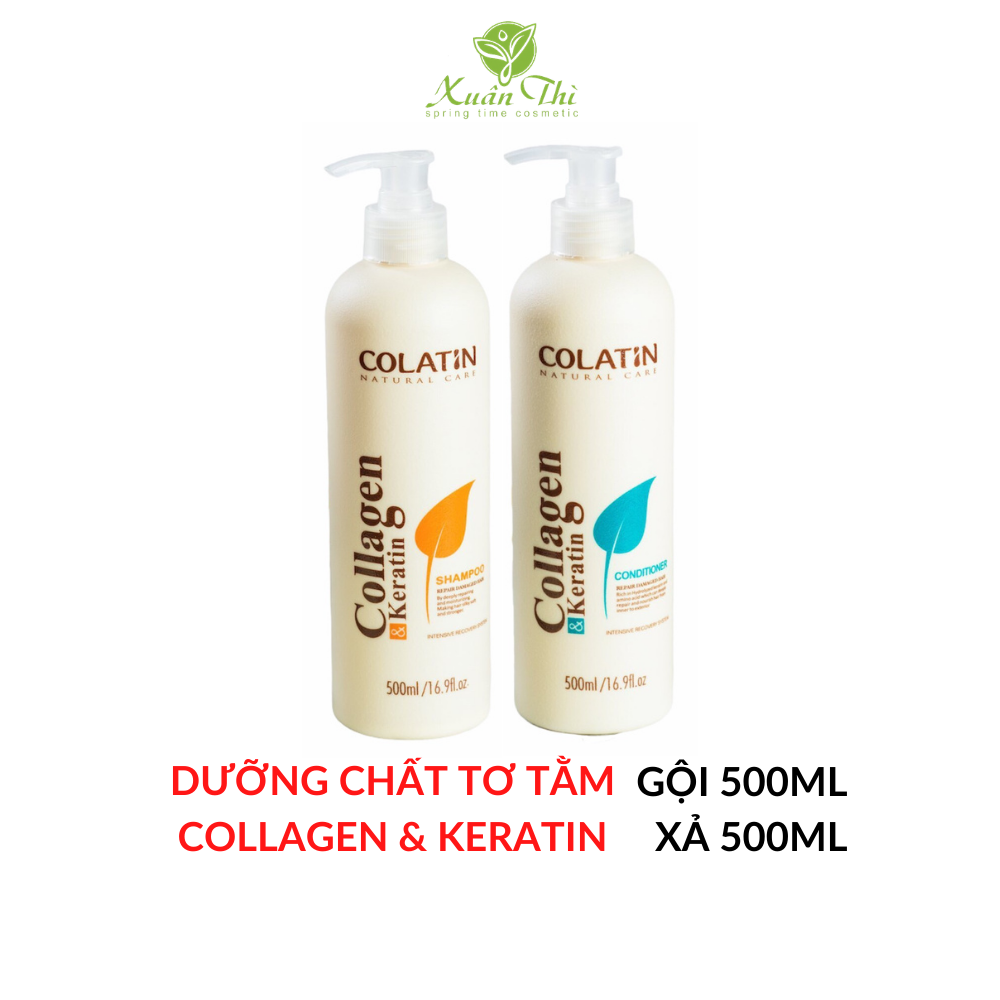 Cặp Dầu Gội + Xả Dưỡng Chất Tơ Tằm COLATIN Collagen &amp; Keratin giúp tóc phục hồi hư tổn 500ml/1000ml