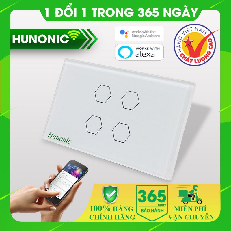 Công tắc thông minh HUNONIC DATIC 4 nút màu trắng - Điều khiển từ xa bằng điện thoại-Hàng Chính Hãng