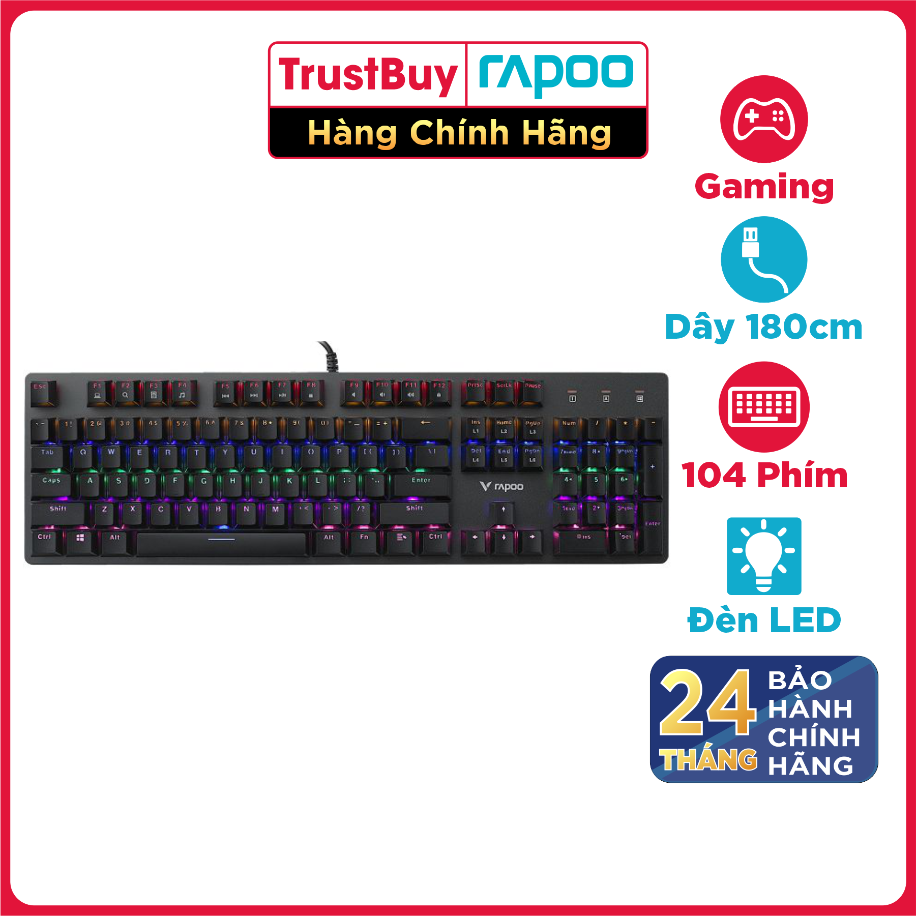 Bàn Phím Gaming Cơ RAPOO Mỗi Phím Đèn Riêng, Khung Kim Loại, Dây Nylon Dù - V500SE - Hàng Chính Hãng