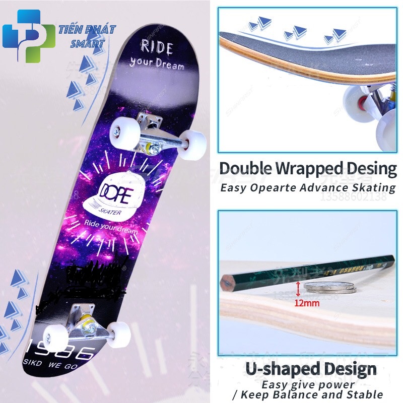 VÁN TRƯỢT SKATEBOARD HÌNH MŨ DOPE,ĐỒ CHƠI VÁN TRƯỢT THỂ THAO CÓ ĐÈN LED VÀ KHÔNG CÓ ĐÈN,VÁN TRƯỢT MẶT NHÁM CHỐNG TRƠN TRƯỢT SIZE LỚN 80 x 20CM, BÁNH CAO SU PU, Mặt Ván gỗ  9 lớp chuẩn thi đấu