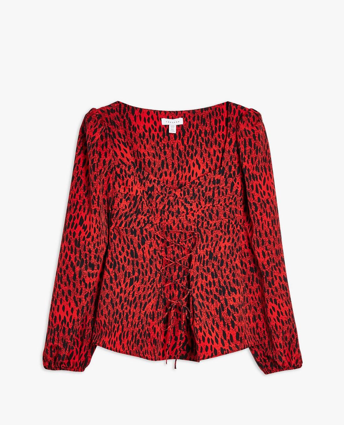 TOPSHOP - Áo kiểu nữ tay dài cổ vuông phối dây Red Leopard Lace Up Prairie 13G55RRED