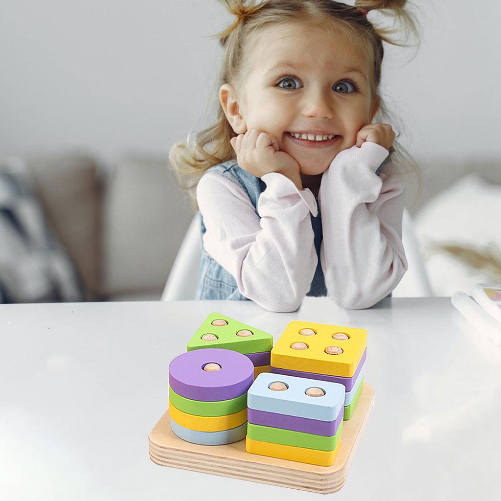 Wooden Shape Matching Stacking Toys Blocks Sensory Learning Toys for Kids A