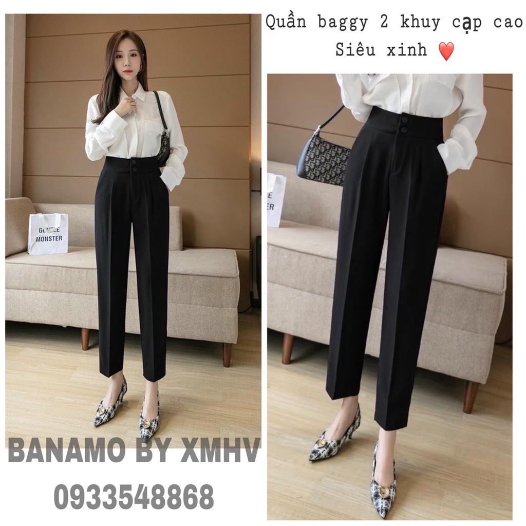 Quần baggy 2 khuy cạp cao baggy tây công sở màu đen thời trang 8333