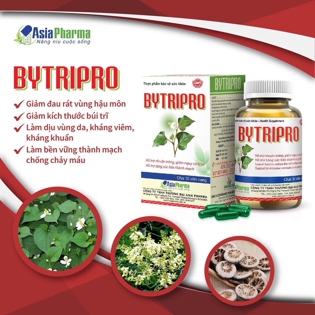 [COMBO 12 HỘP] Viên uống tiêu trĩ, giảm táo bón nhuận tràng Bytripro Asia Pharma hỗ trợ cho người bị trĩ - Hộp 30 viên