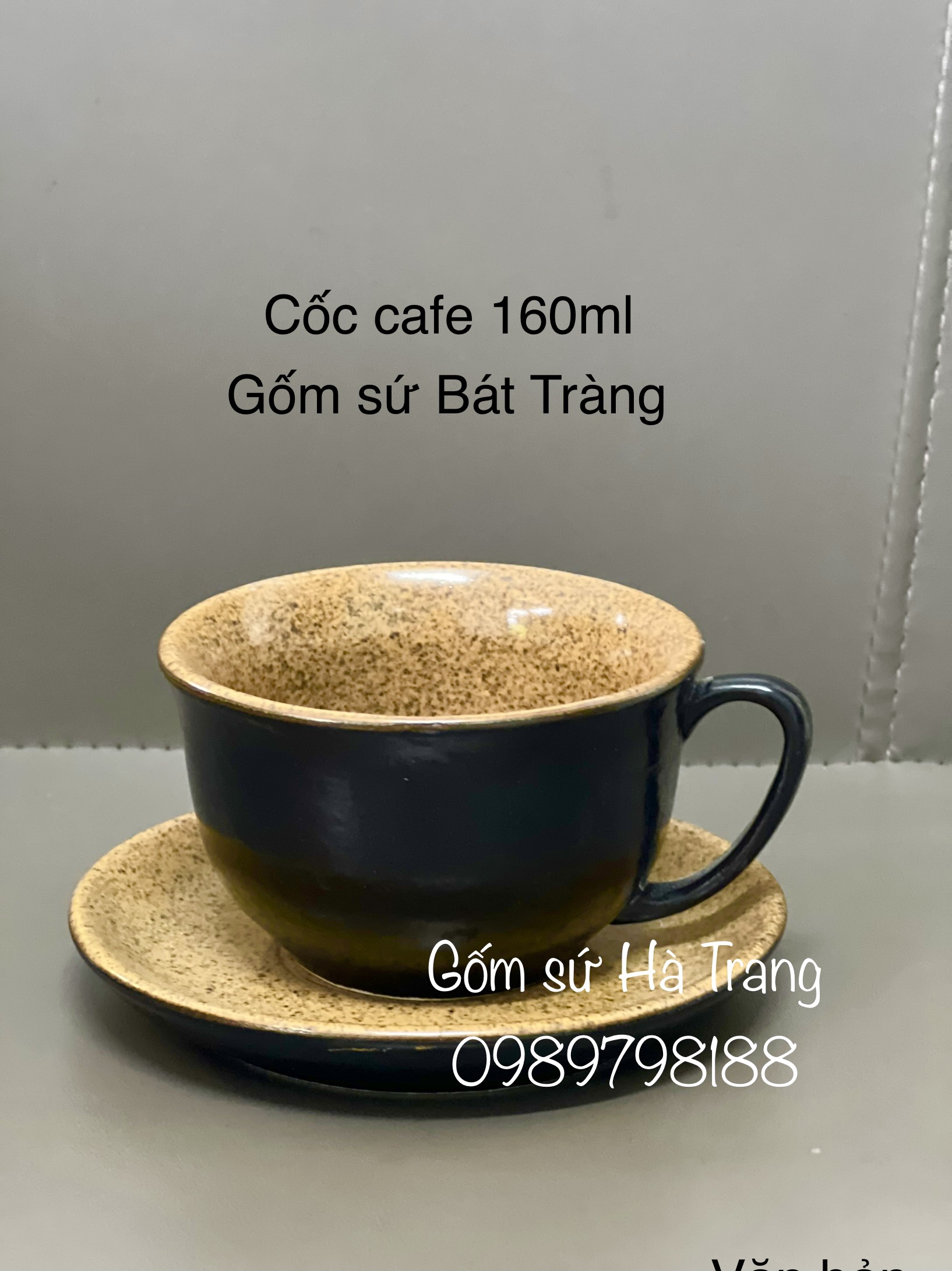 Bộ tách cafe gốm sứ Bát Tràng cao cấp men đen lòng nâu gốm hạt tiêu dung tích 160ml