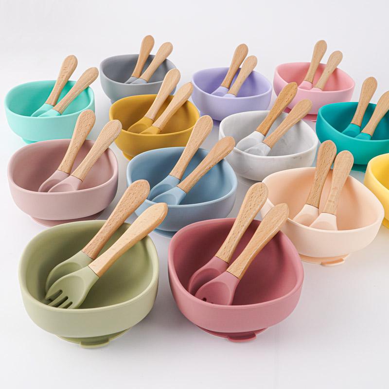 Cho Bé Bộ Đồ Ăn Trẻ Em Silicone Hút Bát Giỏ Muỗng Nĩa Không Chứa BPA Bộ Đồ Ăn Trẻ Em Thực Phẩm An Toàn Tán Thành Silicone Trẻ Em Sản Phẩm
