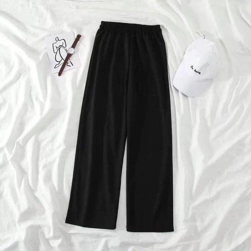 Quần Ống Suông Cạp Chun, Quần Ống Rộng Nữ Màu Đen Ulzzang