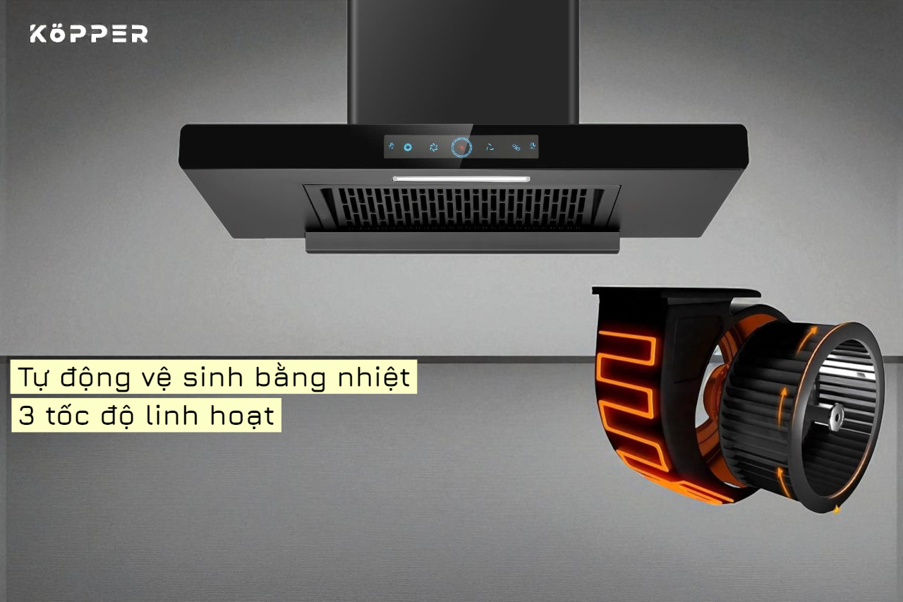 Kopper Hút Mùi Thông Minh KPT8 Công Suất Lớn 1800m3/h Có Sấy Dầu Tự Động Màn Hình Cảm Ứng Tiếng Ồn <50dB Đèn LED 1 Đèn Lớn Quạt Li Tâm Cánh Thép Động Cơ Đồng Hàng Chính Hãng