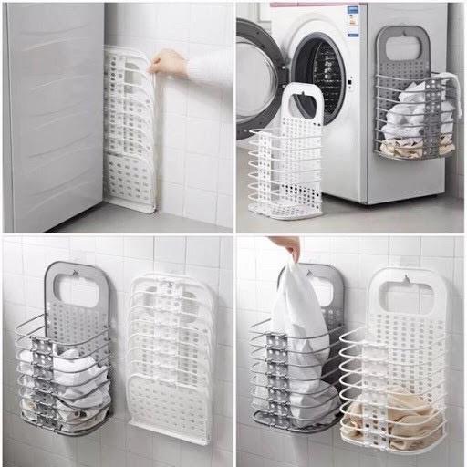 Giỏ Nhựa Đựng Quần Áo Và Đồ Dùng Sinh Hoạt Treo Tường Có Thể Gấp + Tặng Kèm Móc Dán Tường 3D Siêu Kute