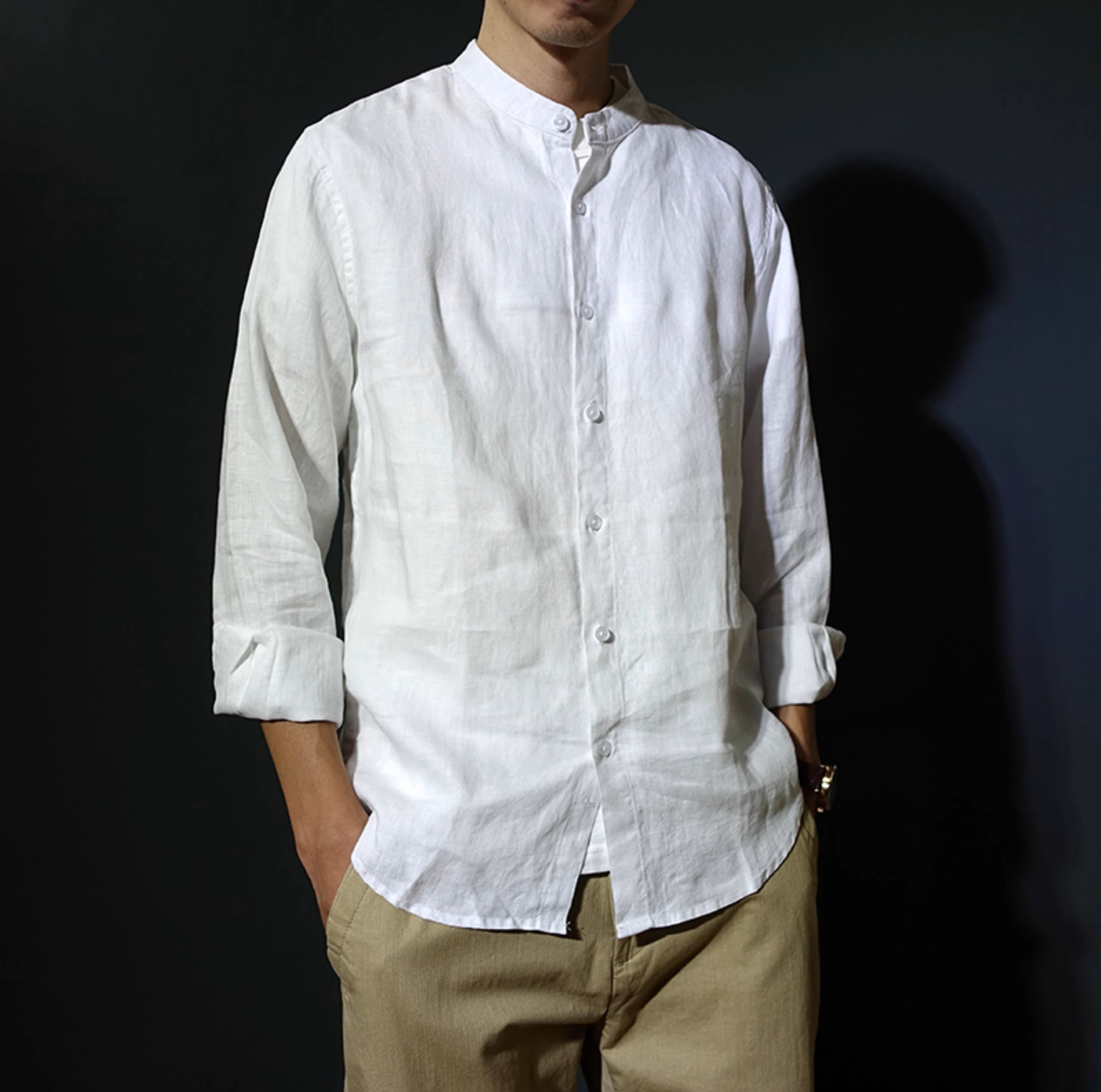 Áo sơ mi nam tay dài style Hàn Quốc thiết kế cổ tàu trẻ trung chất liệu Linen thô cao cấp MS04