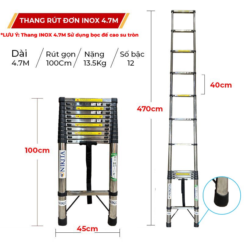 Thang Nikita rút đơn inox, chân tròn có rãnh chống trượt, an toàn, dễ di chuyển.