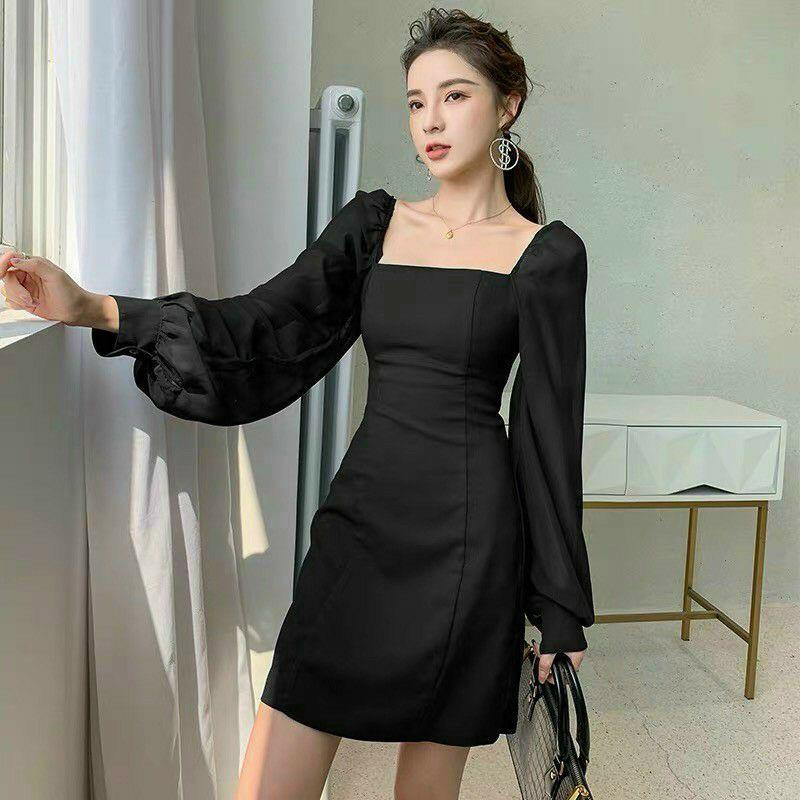 ĐẦM RETRO ĐEN CỔ VUÔNG TAY DÀI