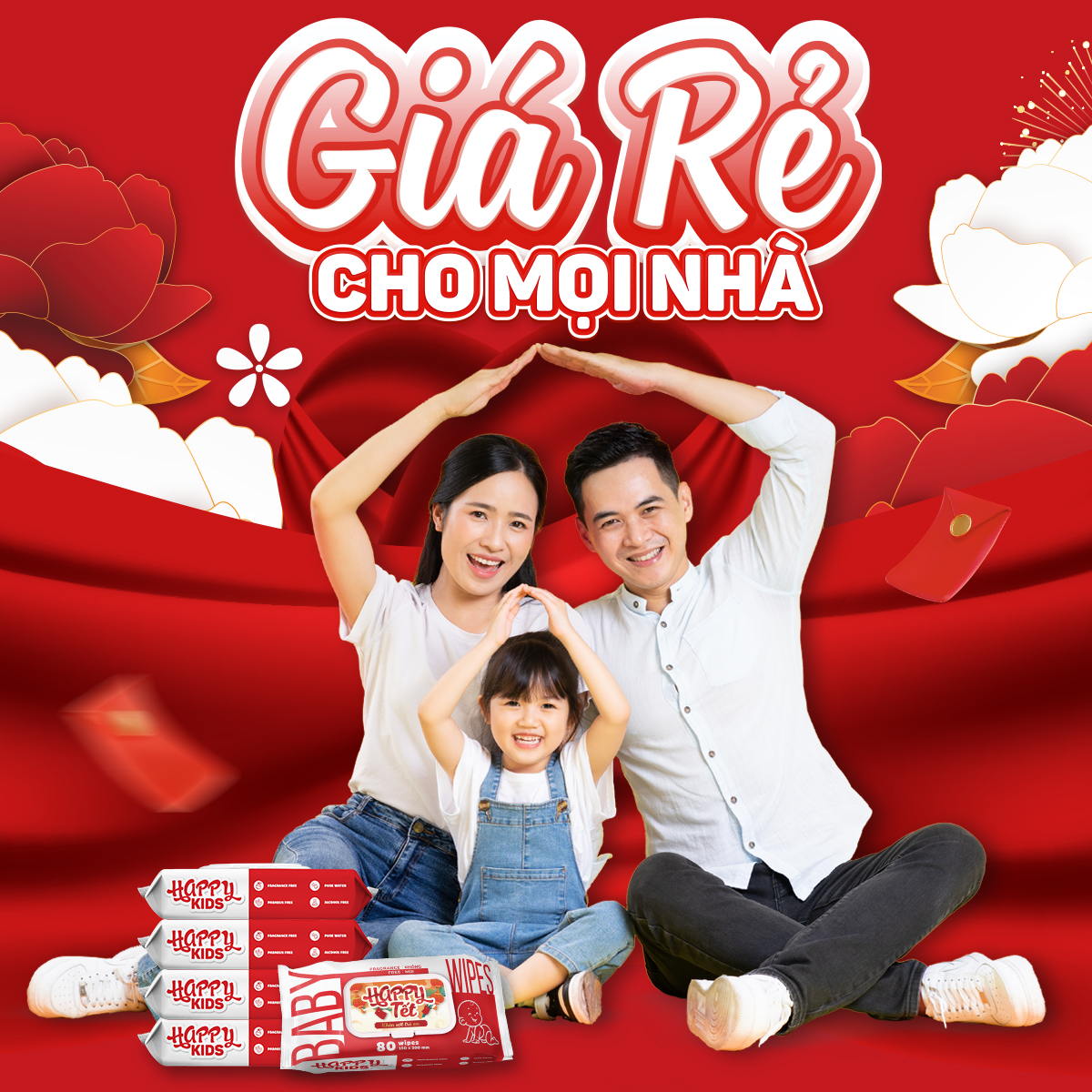 Thùng 08 gói khăn ướt trẻ em Happy Tết phiên bản giới hạn gói 80 tờ không mùi siêu tiết kiệm cho bé