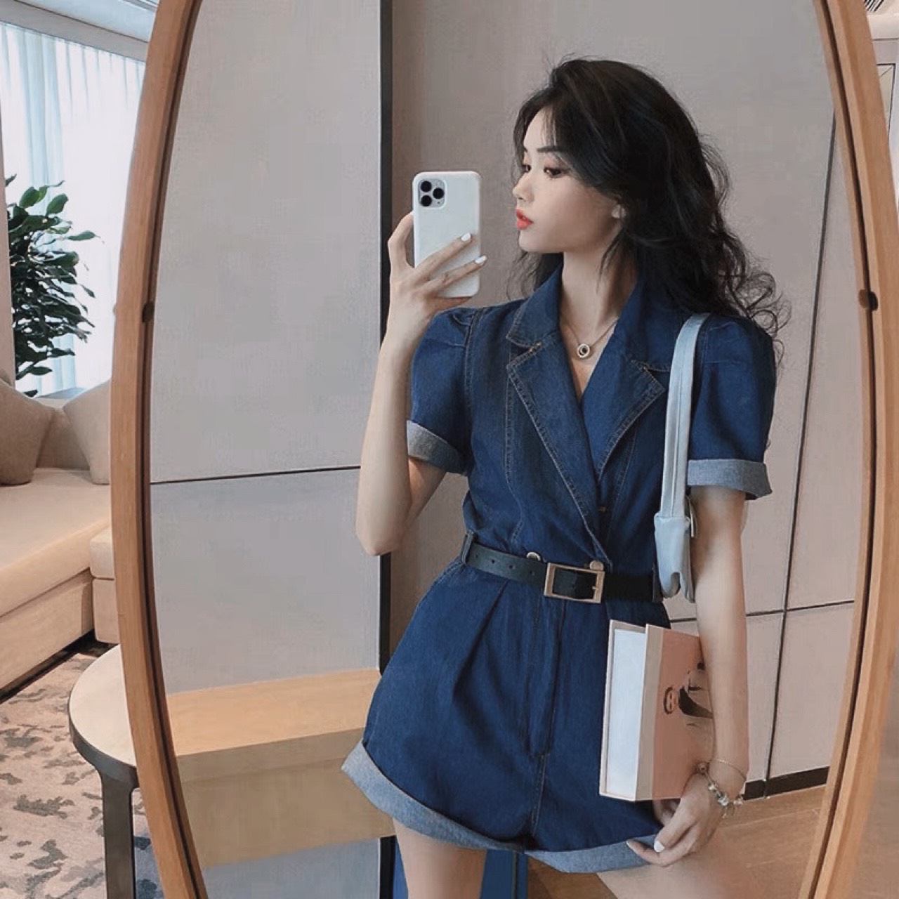 ĐẦM QUẦN JUMPSUIT JEANS DENIM SUÔNG TRƠN CỔ V SƠ MI ĐỒ BAY + DÂY NỊT ĐI BIỂN DẠO PHỐ ĐI CHƠI DỰ TIỆC