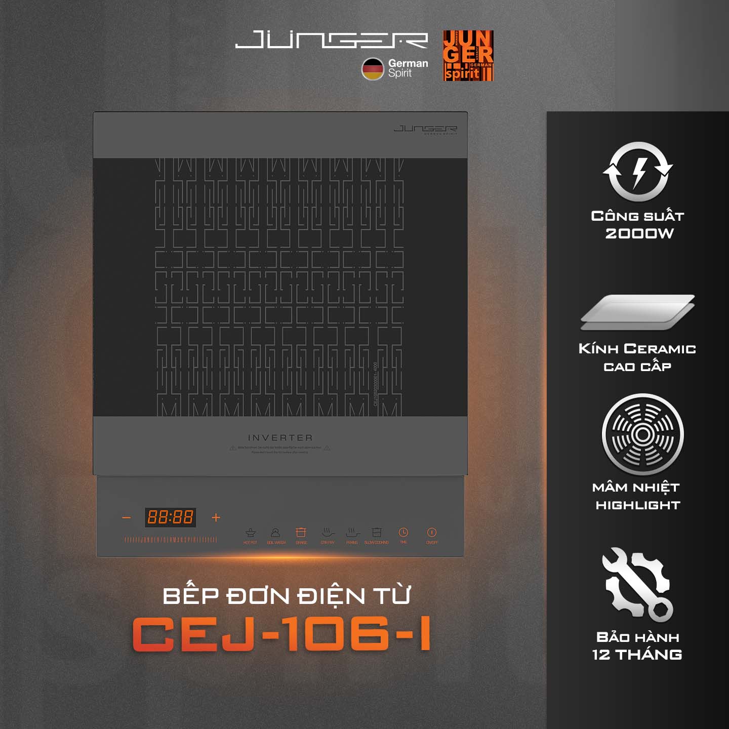 Bếp từ đơn Junger CEJ-106-I 2000W Inverter thế hệ mới Tiết kiệm điện Hàng Chính Hãng Bảo Hành 12 Tháng