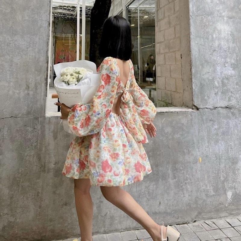 Đầm Hoa Nơ Lưng Tay Phồng Xếp Ly Thân
