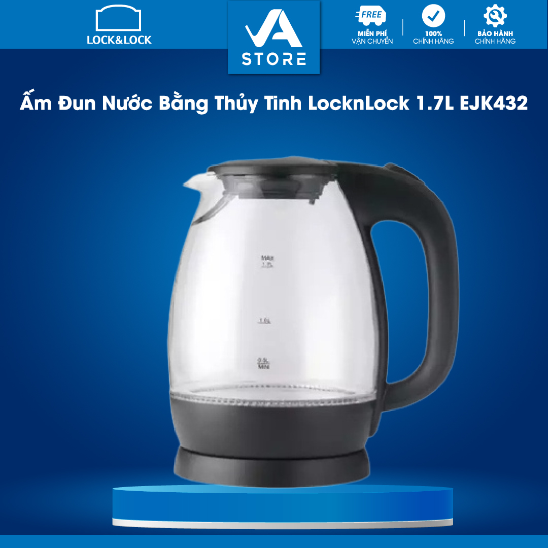 Ấm Đun Nước Bằng Thủy Tinh LocknLock, 1850-2200W- Dung Tích 1.7L EJK432  Có Đèn Sáng Khi Sử Dụng