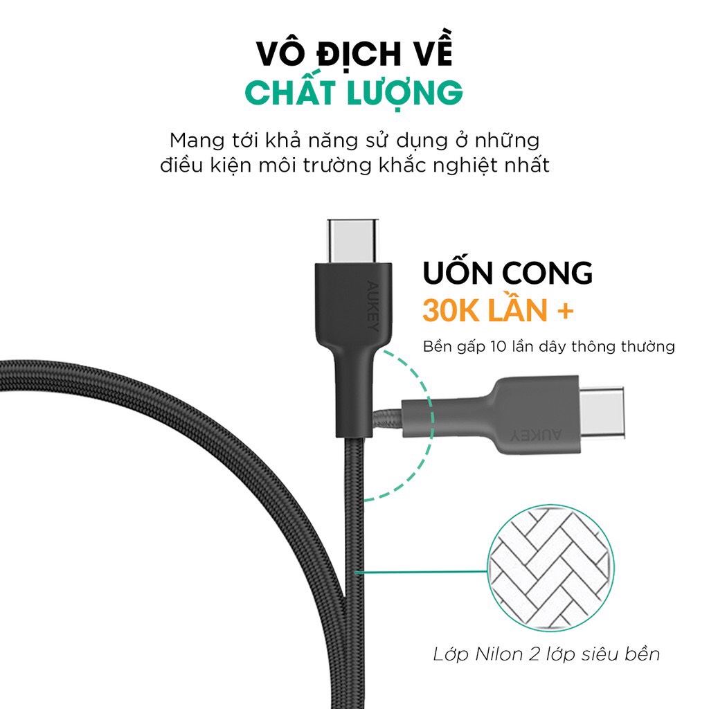 Cáp Sạc Nhanh iPhone Cổng C to Lightning Aukey CB-CL3 0.9m Chuẩn  MFi, Hỗ trợ sạc PD 27W - Hàng Chính hãng