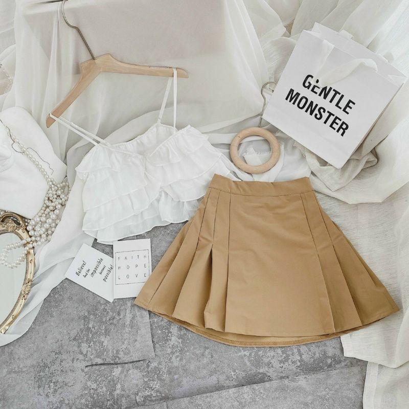 SET CROP TRẮNG 2S BÈO TẦNG + CHÂN VÁY NUDE XẾP LY