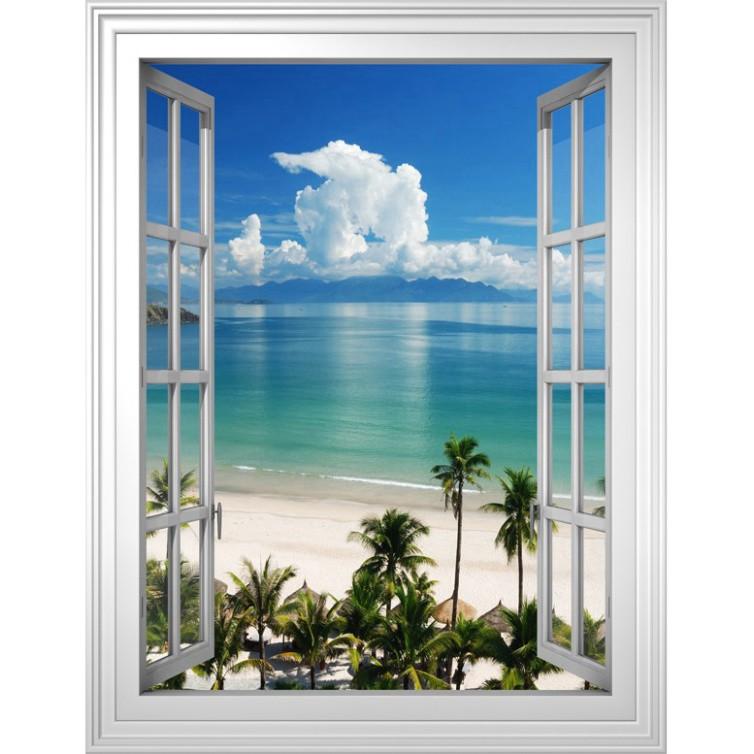 Tranh dán tường cửa sổ 3D biển xanh