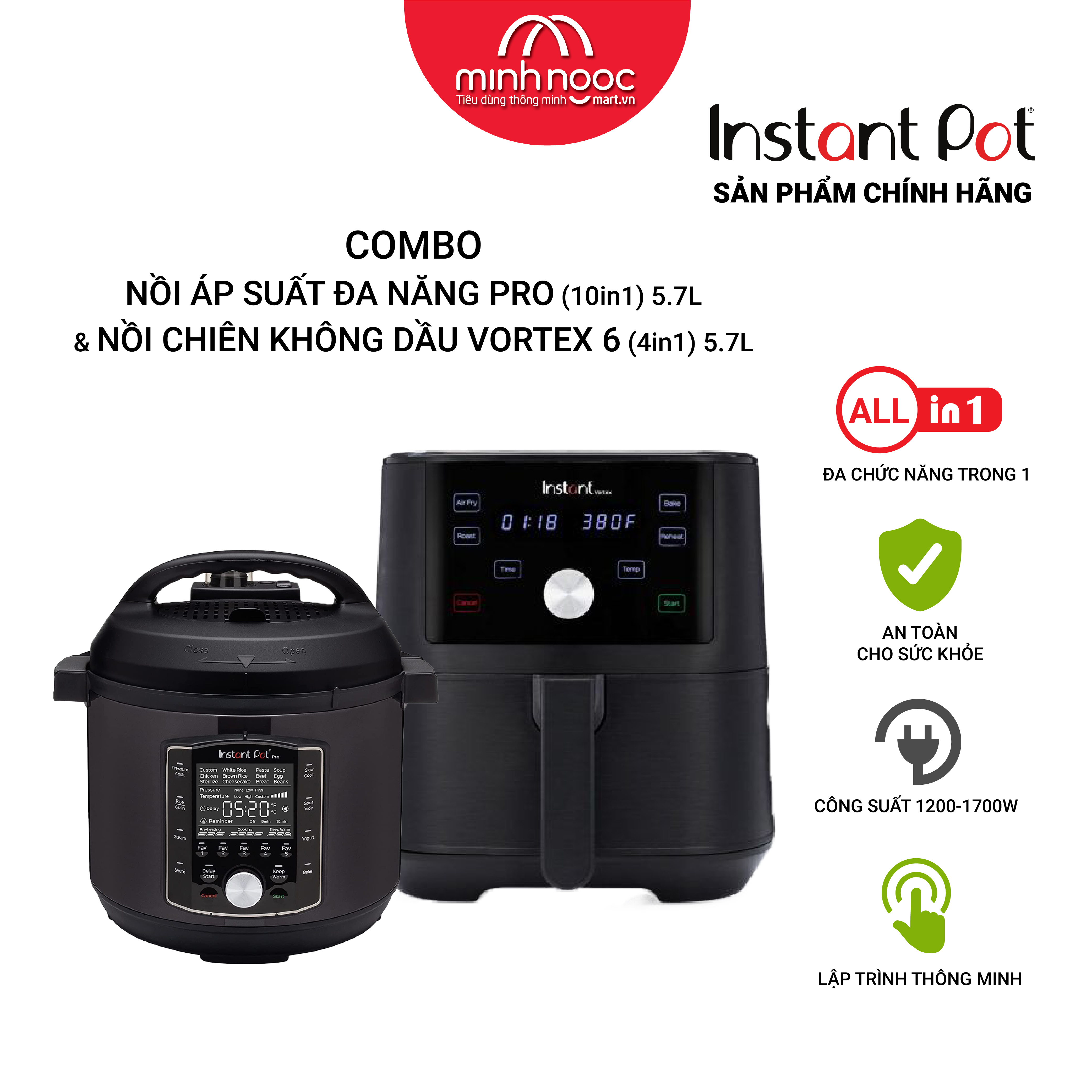 [Hàng chính hãng] Combo 2. Nồi áp suất điện Đa Năng Instant Pot Pro 10 trong 1(10 in 1) . Dung tích 5.7L & Nồi chiên không dầu Instant Vortex, Dung tích  5.7L. 4 chức năng  trong 1 (4 in 1)