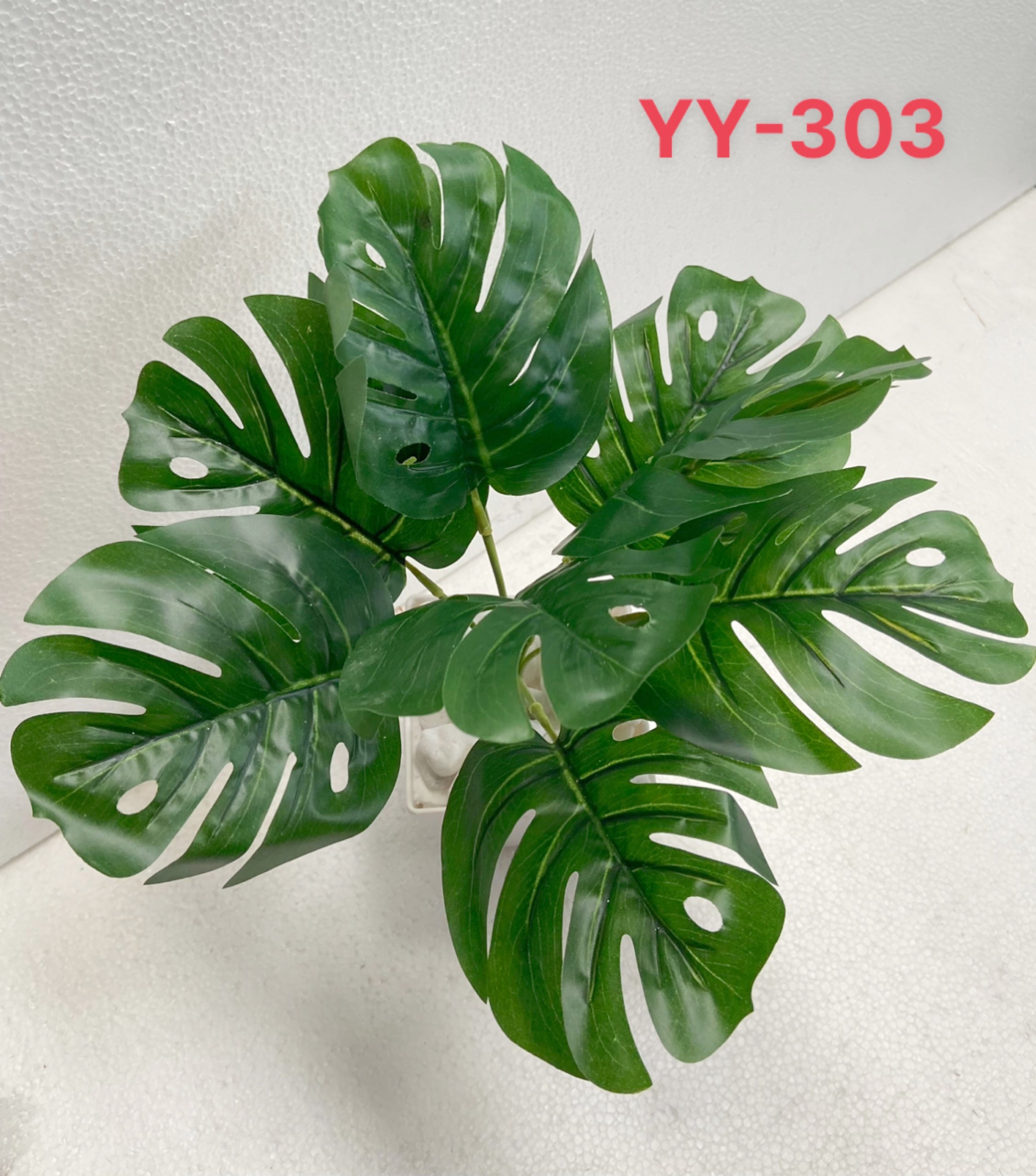 Cây giả trang trí, trầu bà lá xẻ giả, viền vàng, viền trắng, 9 lá, 33cm