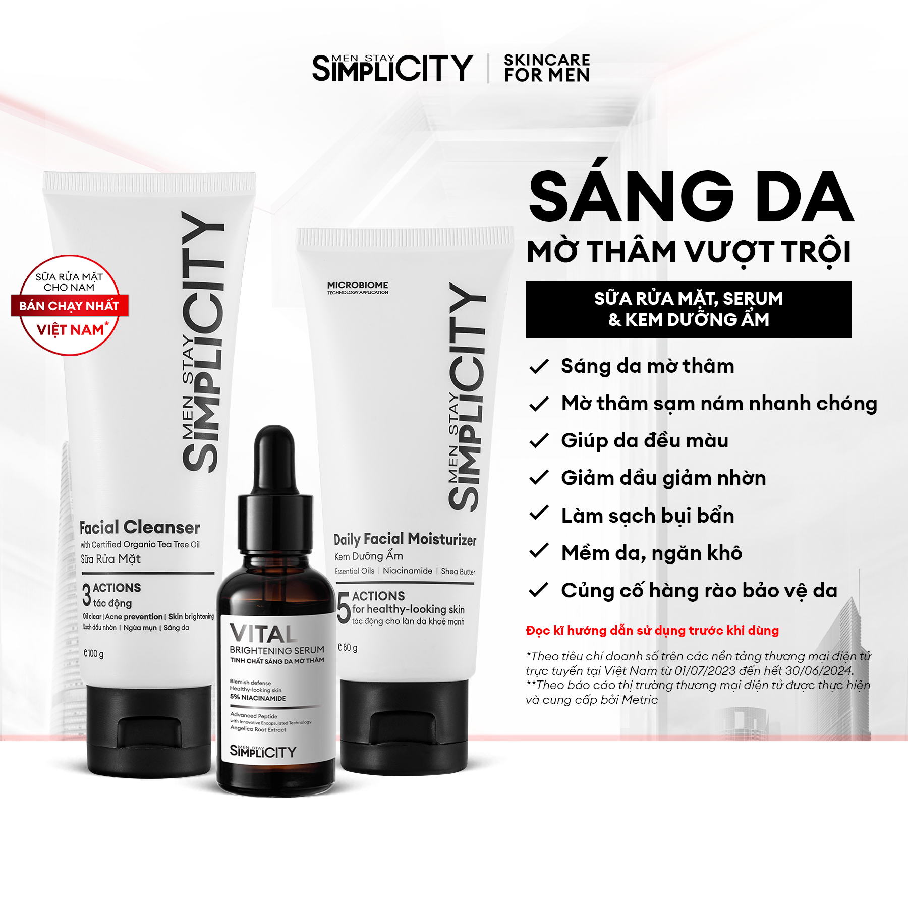 Bộ Sản Phẩm Men Stay Simplicity Sáng Da, Mờ Thâm Cho Nam Sữa Rửa Mặt 100G Vital Serum Sáng Da 30Ml Kem Dưỡng Ẩm 80G