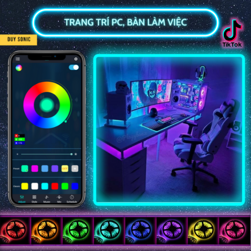 Dây đèn led RGB 16 triệu màu, LED RGB 5050 điều khiển thông minh, led dán tường thông minh