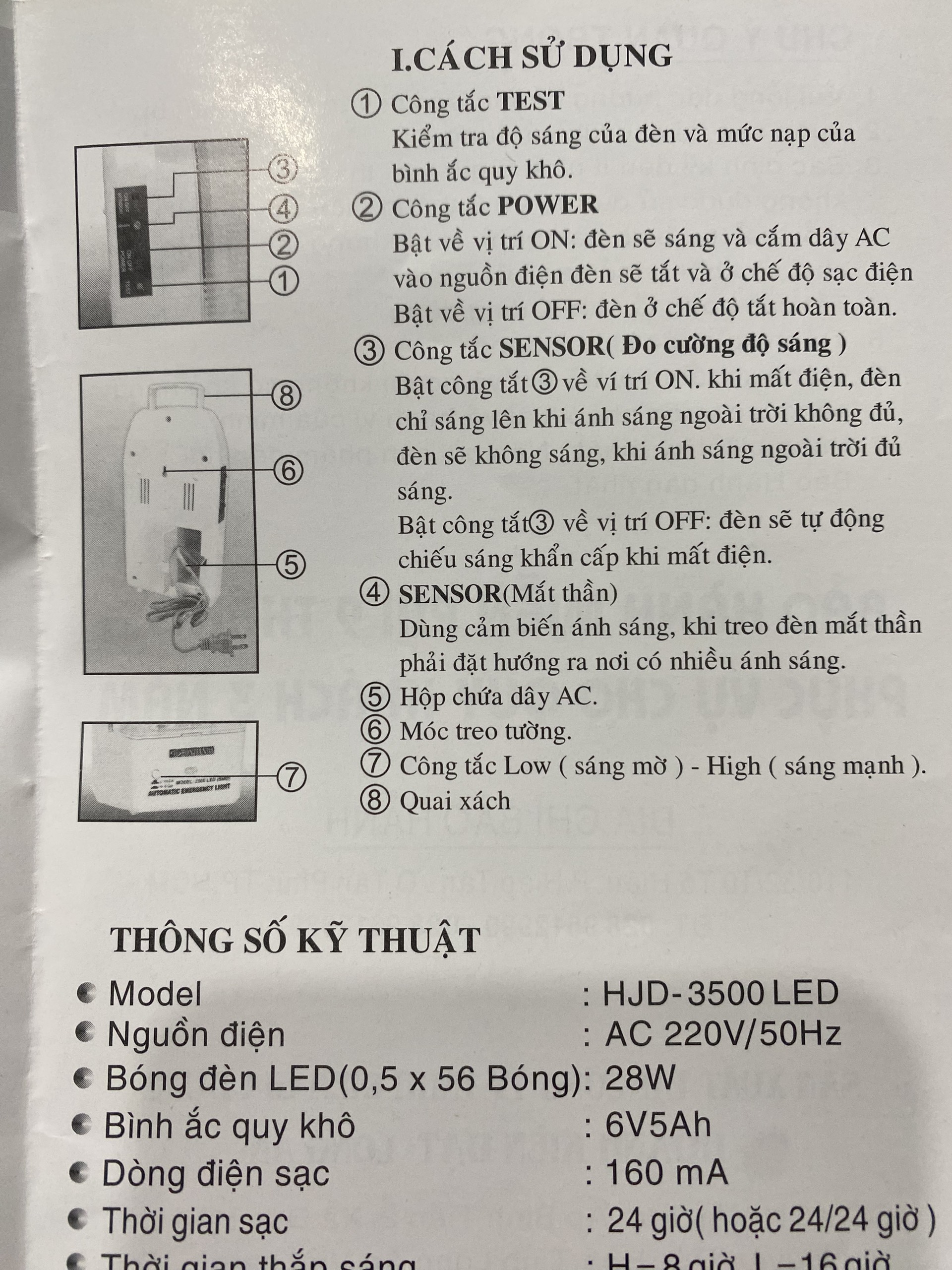 Đèn sạc tích điện chiếu sáng khẩn cấp Honjianda HJD-3500 LED - Hàng chính hãng