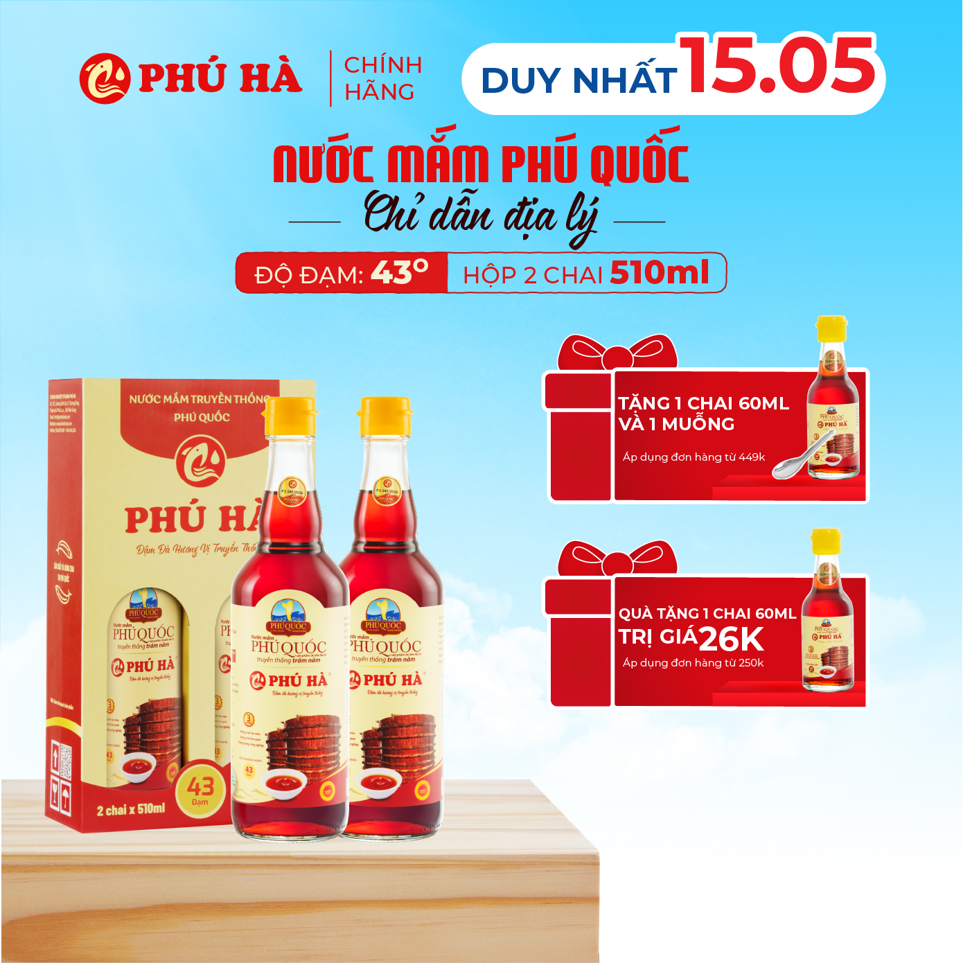Nước mắm Phú Quốc Chỉ Dẫn Địa Lý Phú Hà 43 độ đạm - Hộp 2 chai 510ml