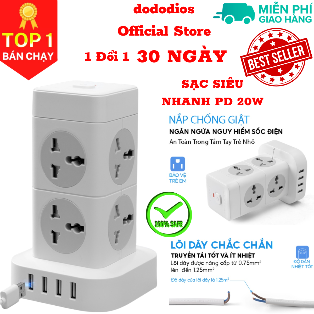 Ổ cắm điện đa năng dododios có sạc nhanh PD 20W cổng USB + typeC, 4-8 lỗ cắm tải 2500W an toàn chống giật, chịu nhiệt - Hàng chính hãng