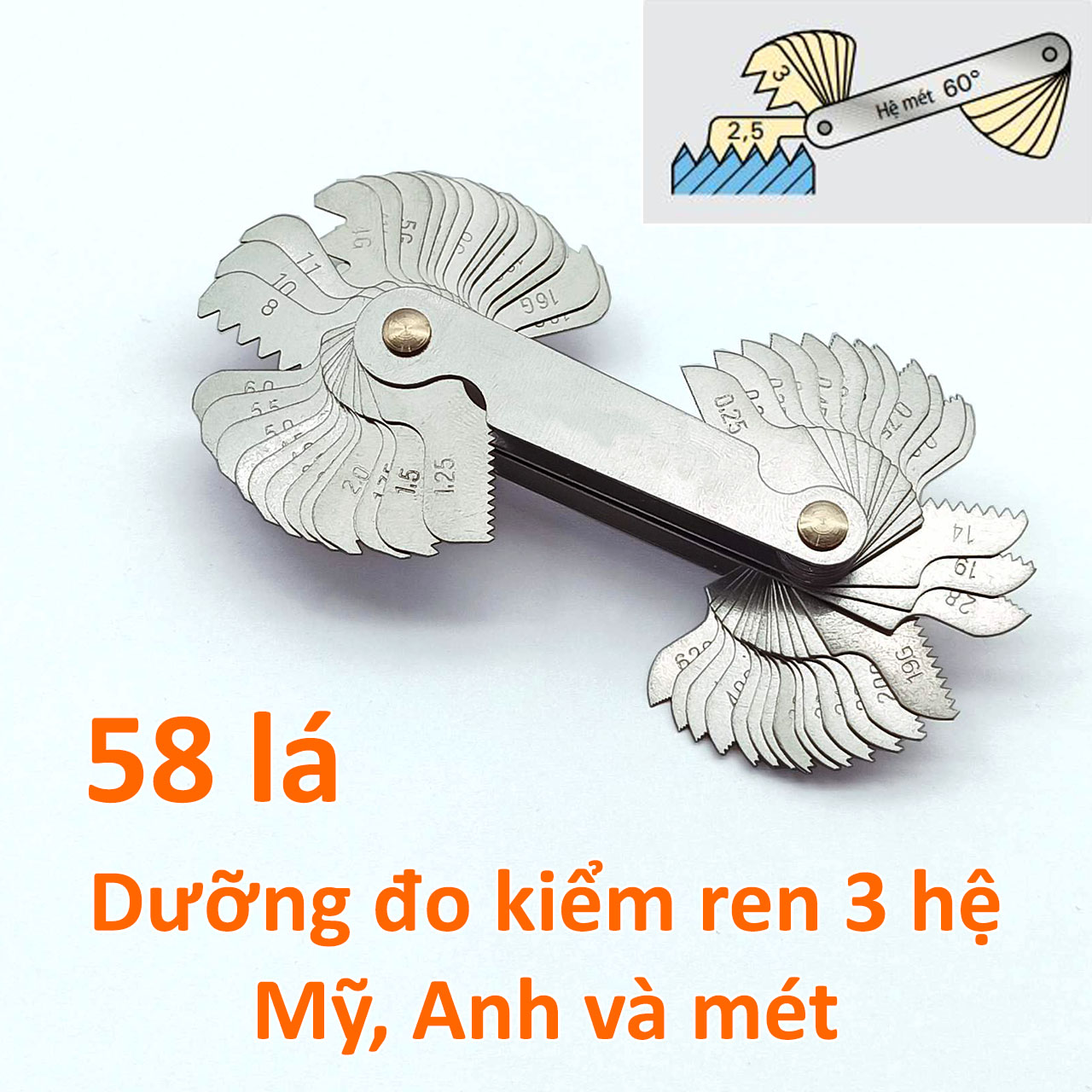 Dưỡng đo kiểm ren tam hệ Mỹ, Anh và hệ mét 58 lá