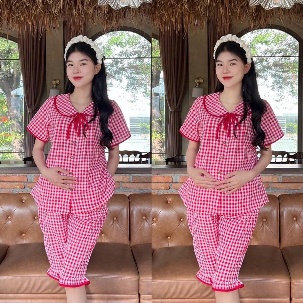 Bộ Đồ Bầu Lửng Karo Mẫu Mới Mùa Hè 2025 Mặc Nhà Chất Cotton Hàn Nhẹ Mát Có Chun Điều Chỉnh - Đỏ