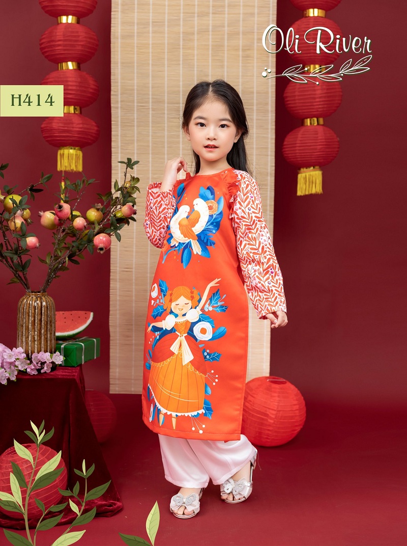 Áo dài cách tân bé gái họa tiết công chúa cùng đôi chim hàng cao cấp CT32