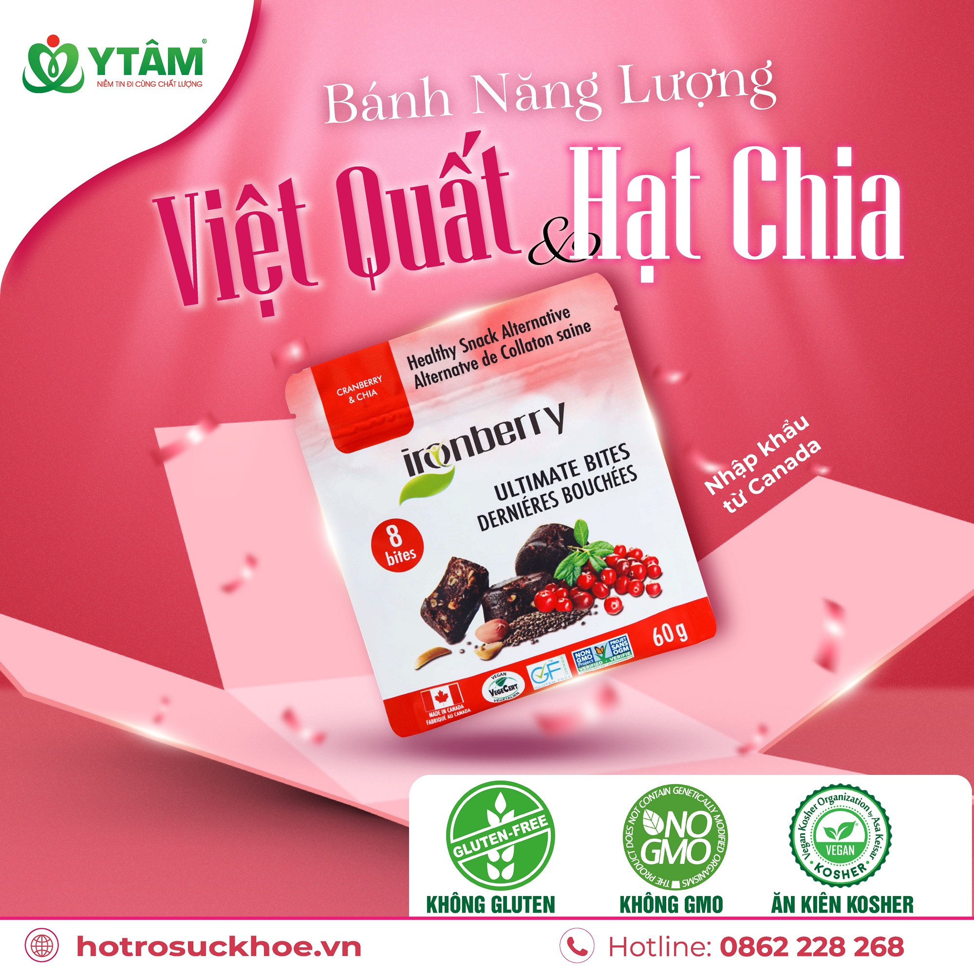 Bánh năng lượng nam việt quất &amp; hạt chia IRONBERRY thực phẩm thuần chay ăn kiêng KOSHER, không GMO, không GLUT