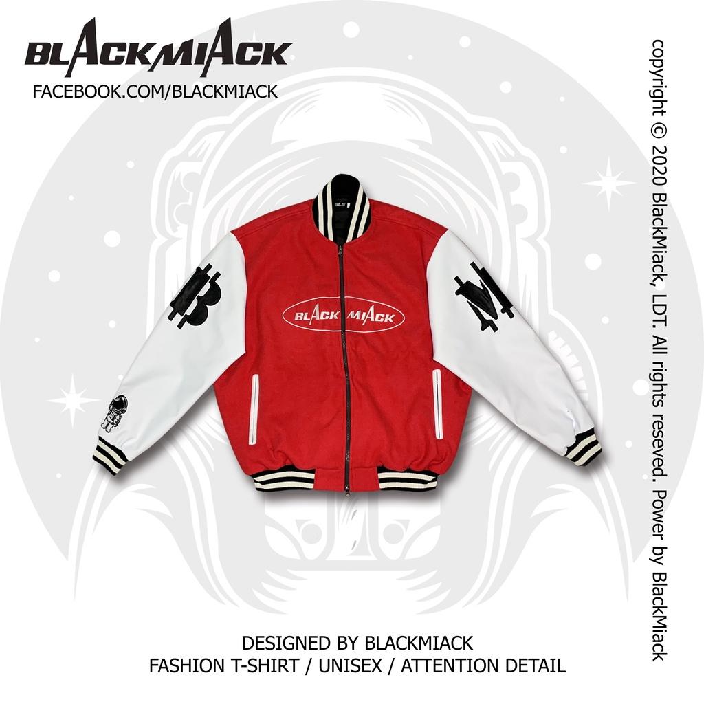 Áo Khoác Bomber Varsity Nỉ Dạ, tay Da, Full Thêu BLACKMIACK Varsity Jacket BM1