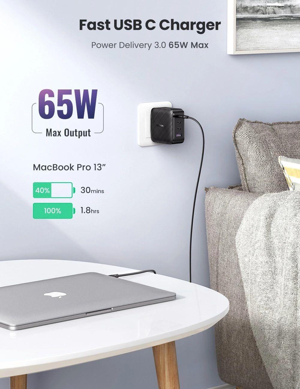 Ugreen UG70774CD224TK 65W PD3.0 GaN EU màu đen 3C + 1A sạc siêu nhanh 4 cổng 3 x usb type C và 1 x A - HÀNG CHÍNH HÃNG