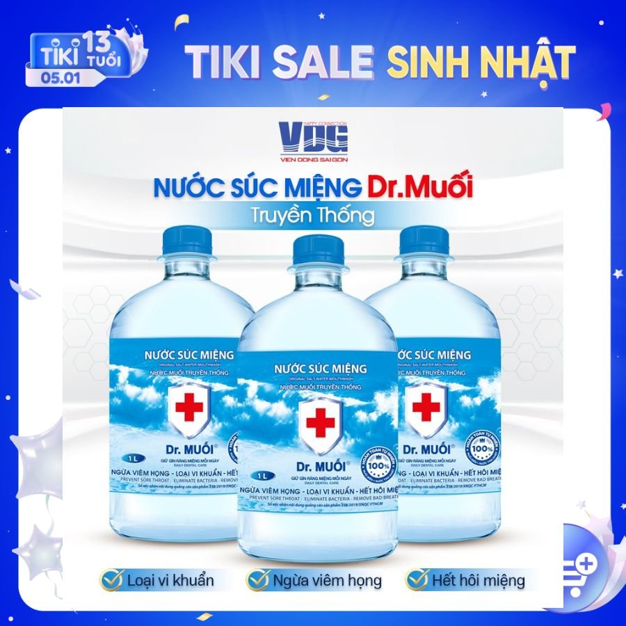 Nước súc miệng Dr. Muối truyền thống (1000ml)-Ngừa viêm họng, sâu răng, loại vi khuẩn, trắng răng, hết hôi miệng