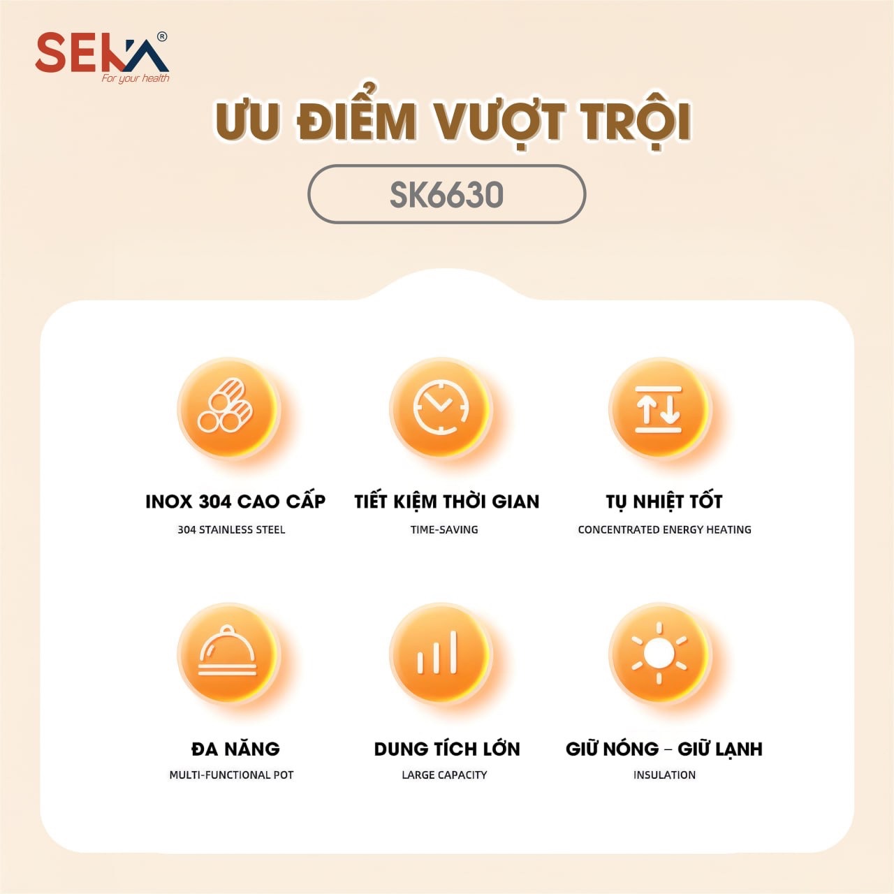 Nồi Ủ Chân Không SEKA SK6630 Dung Tích 7L inox304 Giữ Nhiệt Đến 24h Siêu Tiết Kiệm Nhiên Liệu - Hàng Chính Hãng
