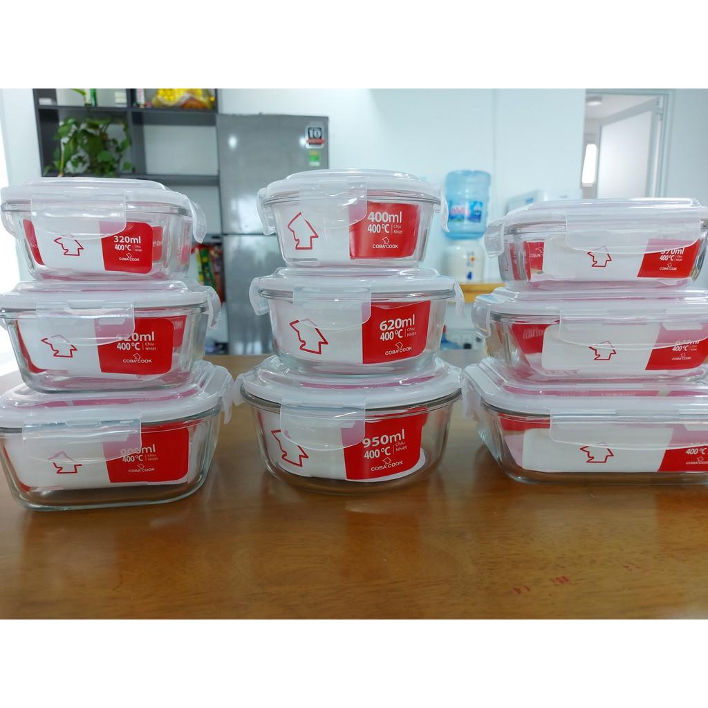 Bộ hộp thủy tinh đựng thực phẩm COBA'COOK chịu nhiệt: 2 hộp tròn 400ml và 1 hộp vuông 320ml+1 túi giữ nhiệt