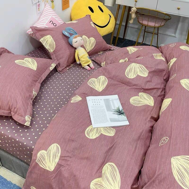 Bộ chăn ga gối Poly Cotton poly trái tim nâu đủ kích thước 1m2 đến 2m*2m2